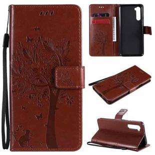 For OnePlus Nord Tree & Cat Pattern Pressed Printing Horizontal Flip PU Leather Case with Holder & Card Slots & Wallet & Lanyard(Brown)