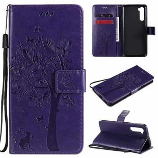 For OnePlus Nord Tree & Cat Pattern Pressed Printing Horizontal Flip PU Leather Case with Holder & Card Slots & Wallet & Lanyard(Purple)