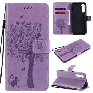 For OnePlus Nord Tree & Cat Pattern Pressed Printing Horizontal Flip PU Leather Case with Holder & Card Slots & Wallet & Lanyard(Light Purple)