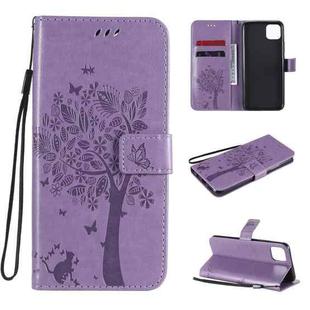 For OPPO Realme C11 Tree & Cat Embossed Pattern Horizontal Flip Leather Case with Holder & Card Slots & Wallet & Lanyard(Light Purple)