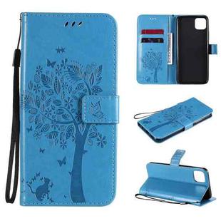 For OPPO Realme C11 Tree & Cat Embossed Pattern Horizontal Flip Leather Case with Holder & Card Slots & Wallet & Lanyard(Blue)