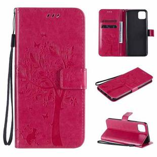 For OPPO Realme C11 Tree & Cat Embossed Pattern Horizontal Flip Leather Case with Holder & Card Slots & Wallet & Lanyard(Rose Red)
