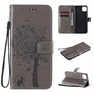 For OPPO Realme C11 Tree & Cat Embossed Pattern Horizontal Flip Leather Case with Holder & Card Slots & Wallet & Lanyard(Grey)