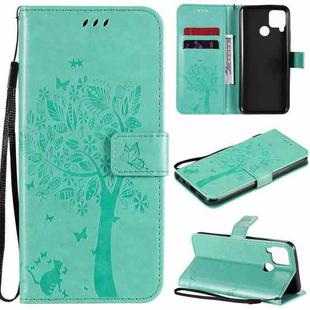 For OPPO Realme C12 / C15 Tree & Cat Embossed Pattern Horizontal Flip Leather Case with Holder & Card Slots & Wallet & Lanyard(Green)