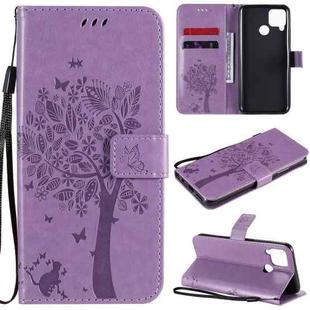 For OPPO Realme C12 / C15 Tree & Cat Embossed Pattern Horizontal Flip Leather Case with Holder & Card Slots & Wallet & Lanyard(Light Purple)