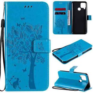 For OPPO Realme C12 / C15 Tree & Cat Embossed Pattern Horizontal Flip Leather Case with Holder & Card Slots & Wallet & Lanyard(Blue)