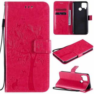 For OPPO Realme C12 / C15 Tree & Cat Embossed Pattern Horizontal Flip Leather Case with Holder & Card Slots & Wallet & Lanyard(Rose Red)