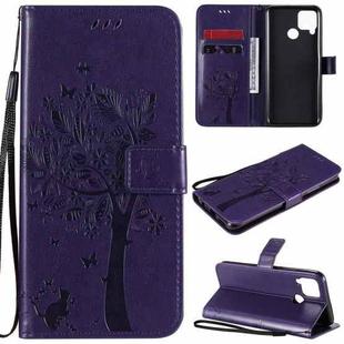 For OPPO Realme C12 / C15 Tree & Cat Embossed Pattern Horizontal Flip Leather Case with Holder & Card Slots & Wallet & Lanyard(Purple)