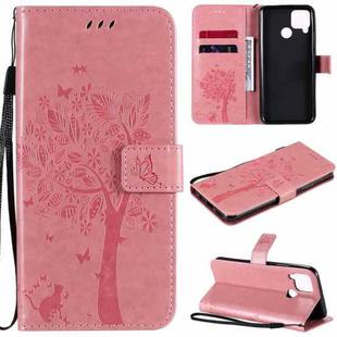 For OPPO Realme C12 / C15 Tree & Cat Embossed Pattern Horizontal Flip Leather Case with Holder & Card Slots & Wallet & Lanyard(Pink)