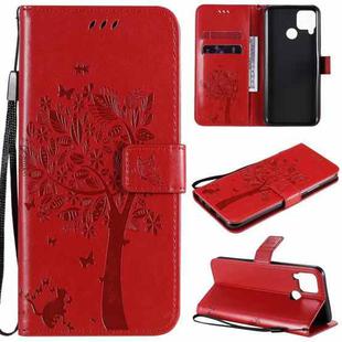 For OPPO Realme C12 / C15 Tree & Cat Embossed Pattern Horizontal Flip Leather Case with Holder & Card Slots & Wallet & Lanyard(Red)