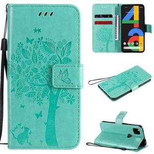 For Google Pixel 4a 4G Tree & Cat Embossed Pattern Horizontal Flip Leather Case with Holder & Card Slots & Wallet & Lanyard(Green)