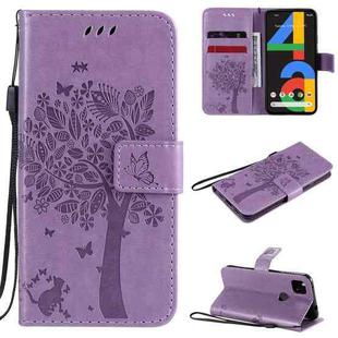 For Google Pixel 4a 4G Tree & Cat Embossed Pattern Horizontal Flip Leather Case with Holder & Card Slots & Wallet & Lanyard(Light Purple)