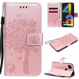 For Google Pixel 4a 4G Tree & Cat Embossed Pattern Horizontal Flip Leather Case with Holder & Card Slots & Wallet & Lanyard(Rose Gold)