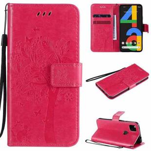 For Google Pixel 4a 4G Tree & Cat Embossed Pattern Horizontal Flip Leather Case with Holder & Card Slots & Wallet & Lanyard(Rose Red)