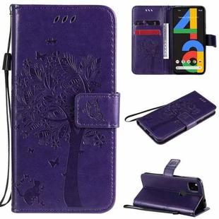 For Google Pixel 4a 4G Tree & Cat Embossed Pattern Horizontal Flip Leather Case with Holder & Card Slots & Wallet & Lanyard(Purple)