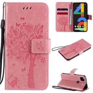 For Google Pixel 4a 4G Tree & Cat Embossed Pattern Horizontal Flip Leather Case with Holder & Card Slots & Wallet & Lanyard(Pink)