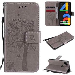 For Google Pixel 4a 4G Tree & Cat Embossed Pattern Horizontal Flip Leather Case with Holder & Card Slots & Wallet & Lanyard(Grey)