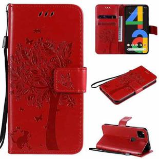 For Google Pixel 4a 4G Tree & Cat Embossed Pattern Horizontal Flip Leather Case with Holder & Card Slots & Wallet & Lanyard(Red)