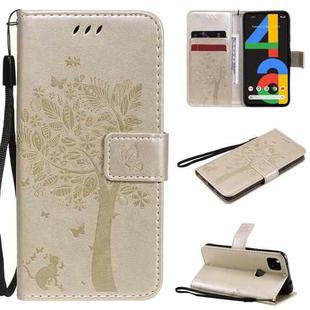 For Google Pixel 4a 4G Tree & Cat Embossed Pattern Horizontal Flip Leather Case with Holder & Card Slots & Wallet & Lanyard(Gold)