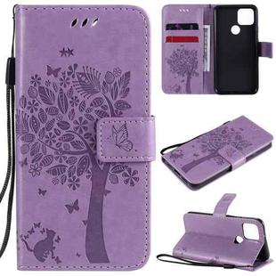 For Google Pixel 5 Tree & Cat Embossed Pattern Horizontal Flip Leather Case with Holder & Card Slots & Wallet & Lanyard(Light Purple)