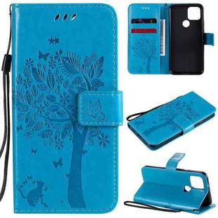 For Google Pixel 5 Tree & Cat Embossed Pattern Horizontal Flip Leather Case with Holder & Card Slots & Wallet & Lanyard(Blue)