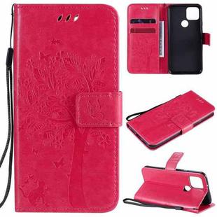 For Google Pixel 5 Tree & Cat Embossed Pattern Horizontal Flip Leather Case with Holder & Card Slots & Wallet & Lanyard(Rose Red)