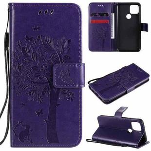 For Google Pixel 5 Tree & Cat Embossed Pattern Horizontal Flip Leather Case with Holder & Card Slots & Wallet & Lanyard(Purple)