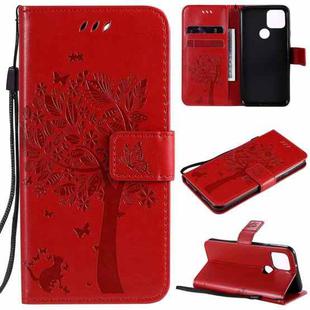 For Google Pixel 5 Tree & Cat Embossed Pattern Horizontal Flip Leather Case with Holder & Card Slots & Wallet & Lanyard(Red)