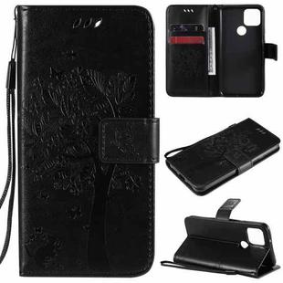 For Google Pixel 5 Tree & Cat Embossed Pattern Horizontal Flip Leather Case with Holder & Card Slots & Wallet & Lanyard(Black)