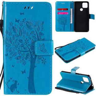 For Google Pixel 4a 5G / Pixel 5 XL Tree & Cat Embossed Pattern Horizontal Flip Leather Case with Holder & Card Slots & Wallet & Lanyard(Blue)
