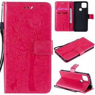 For Google Pixel 4a 5G / Pixel 5 XL Tree & Cat Embossed Pattern Horizontal Flip Leather Case with Holder & Card Slots & Wallet & Lanyard(Rose Red)