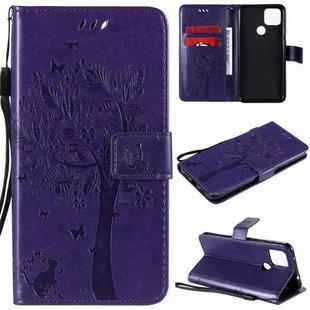 For Google Pixel 4a 5G / Pixel 5 XL Tree & Cat Embossed Pattern Horizontal Flip Leather Case with Holder & Card Slots & Wallet & Lanyard(Purple)