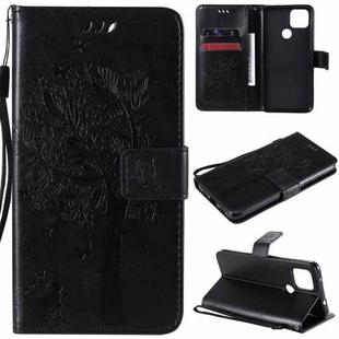 For Google Pixel 4a 5G / Pixel 5 XL Tree & Cat Embossed Pattern Horizontal Flip Leather Case with Holder & Card Slots & Wallet & Lanyard(Black)