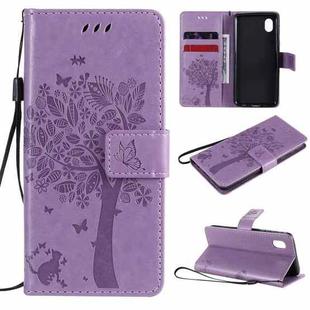 For Samsung Galaxy A01 Core Tree & Cat Pattern Pressed Printing Horizontal Flip PU Leather Case with Holder & Card Slots & Wallet & Lanyard(Light Purple)