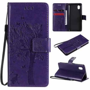 For Samsung Galaxy A01 Core Tree & Cat Pattern Pressed Printing Horizontal Flip PU Leather Case with Holder & Card Slots & Wallet & Lanyard(Purple)