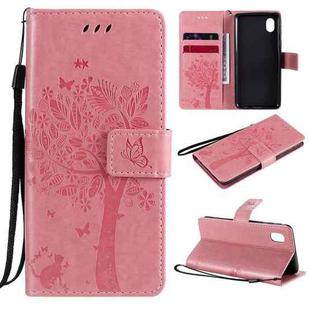 For Samsung Galaxy A01 Core Tree & Cat Pattern Pressed Printing Horizontal Flip PU Leather Case with Holder & Card Slots & Wallet & Lanyard(Pink)