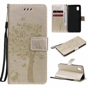 For Samsung Galaxy A01 Core Tree & Cat Pattern Pressed Printing Horizontal Flip PU Leather Case with Holder & Card Slots & Wallet & Lanyard(Gold)