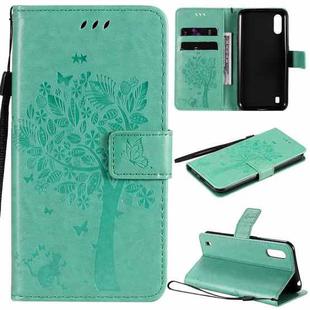 For Samsung Galaxy M01 Tree & Cat Pattern Pressed Printing Horizontal Flip PU Leather Case with Holder & Card Slots & Wallet & Lanyard(Green)