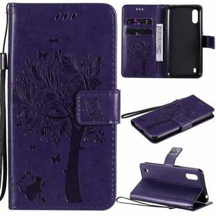 For Samsung Galaxy M01 Tree & Cat Pattern Pressed Printing Horizontal Flip PU Leather Case with Holder & Card Slots & Wallet & Lanyard(Purple)