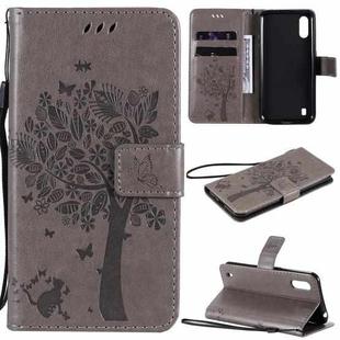 For Samsung Galaxy M01 Tree & Cat Pattern Pressed Printing Horizontal Flip PU Leather Case with Holder & Card Slots & Wallet & Lanyard(Gray)