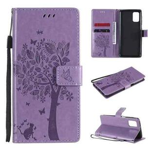 For Samsung Galaxy M31s Tree & Cat Pattern Pressed Printing Horizontal Flip PU Leather Case with Holder & Card Slots & Wallet & Lanyard(Light Purple)