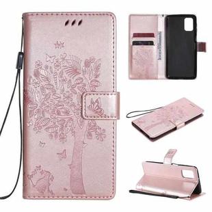 For Samsung Galaxy M31s Tree & Cat Pattern Pressed Printing Horizontal Flip PU Leather Case with Holder & Card Slots & Wallet & Lanyard(Rose Gold)