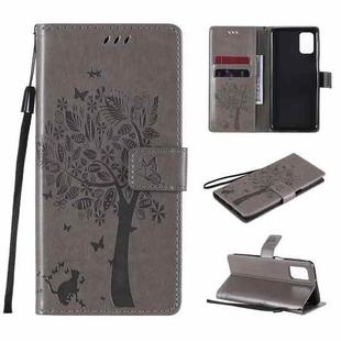 For Samsung Galaxy M31s Tree & Cat Pattern Pressed Printing Horizontal Flip PU Leather Case with Holder & Card Slots & Wallet & Lanyard(Gray)