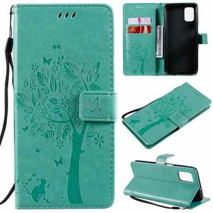 For Samsung Galaxy M51 Tree & Cat Pattern Pressed Printing Horizontal Flip PU Leather Case with Holder & Card Slots & Wallet & Lanyard(Green)