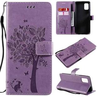 For Samsung Galaxy M51 Tree & Cat Pattern Pressed Printing Horizontal Flip PU Leather Case with Holder & Card Slots & Wallet & Lanyard(Light Purple)