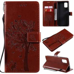 For Samsung Galaxy M51 Tree & Cat Pattern Pressed Printing Horizontal Flip PU Leather Case with Holder & Card Slots & Wallet & Lanyard(Coffee)