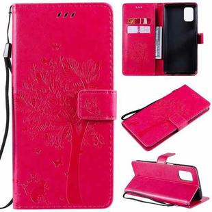 For Samsung Galaxy M51 Tree & Cat Pattern Pressed Printing Horizontal Flip PU Leather Case with Holder & Card Slots & Wallet & Lanyard(Rose Red)