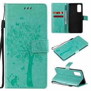 For Samsung Galaxy S20 FE 5G / S20 Lite Tree & Cat Pattern Pressed Printing Horizontal Flip PU Leather Case with Holder & Card Slots & Wallet & Lanyard(Green)