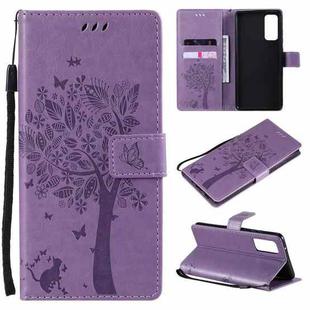 For Samsung Galaxy S20 FE 5G / S20 Lite Tree & Cat Pattern Pressed Printing Horizontal Flip PU Leather Case with Holder & Card Slots & Wallet & Lanyard(Light Purple)