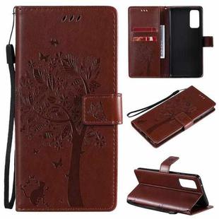 For Samsung Galaxy S20 FE 5G / S20 Lite Tree & Cat Pattern Pressed Printing Horizontal Flip PU Leather Case with Holder & Card Slots & Wallet & Lanyard(Coffee)